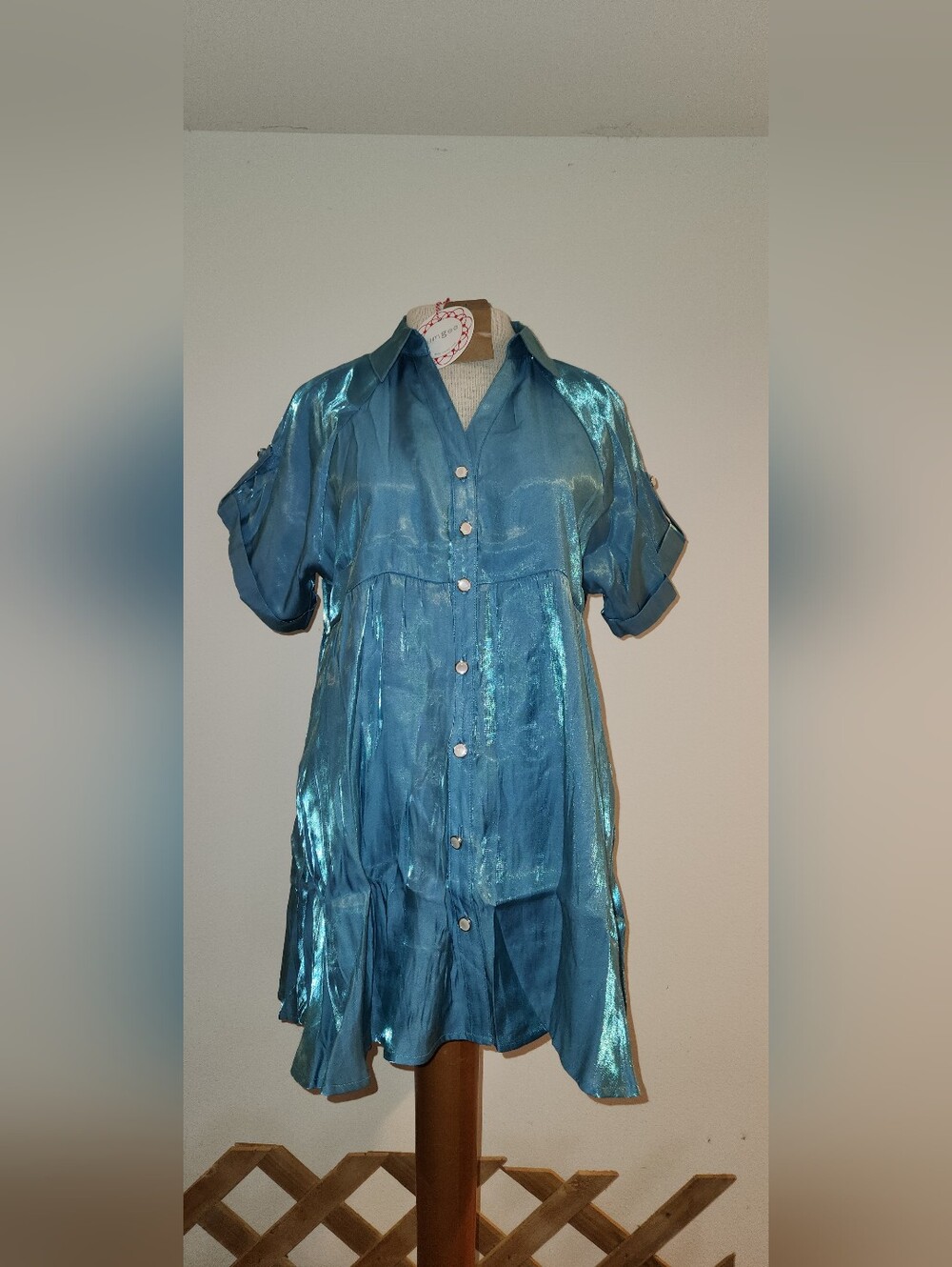 Umgee Shimmery Light Teal V-Neck Dress